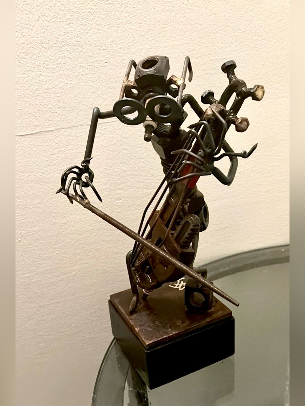 Artisan Metal Violinist Sculpture - Brown Industrial Home Art! Original